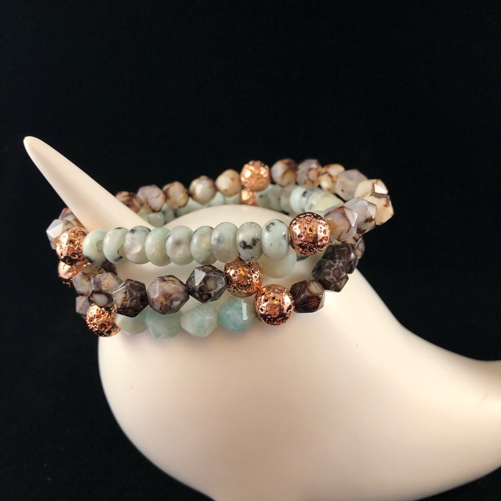 Trio of natural stone beaded bracelets